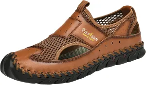 2025 Men's New Versatile Trendy Handmade Large Beach Shoes Hollow Mesh Shoes Leather Slide Sandals
