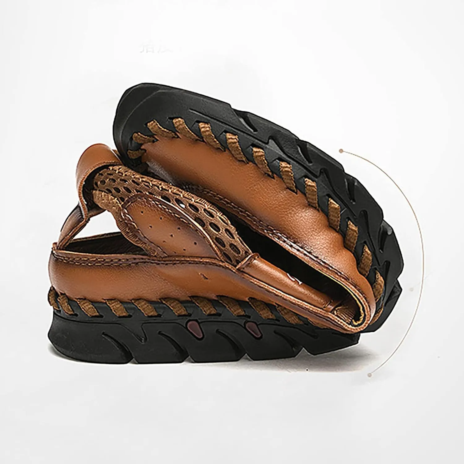 2025 Men's New Versatile Trendy Handmade Large Beach Shoes Hollow Mesh Shoes Leather Slide Sandals