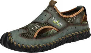 2025 Men's New Versatile Trendy Handmade Large Beach Shoes Hollow Mesh Shoes Leather Slide Sandals
