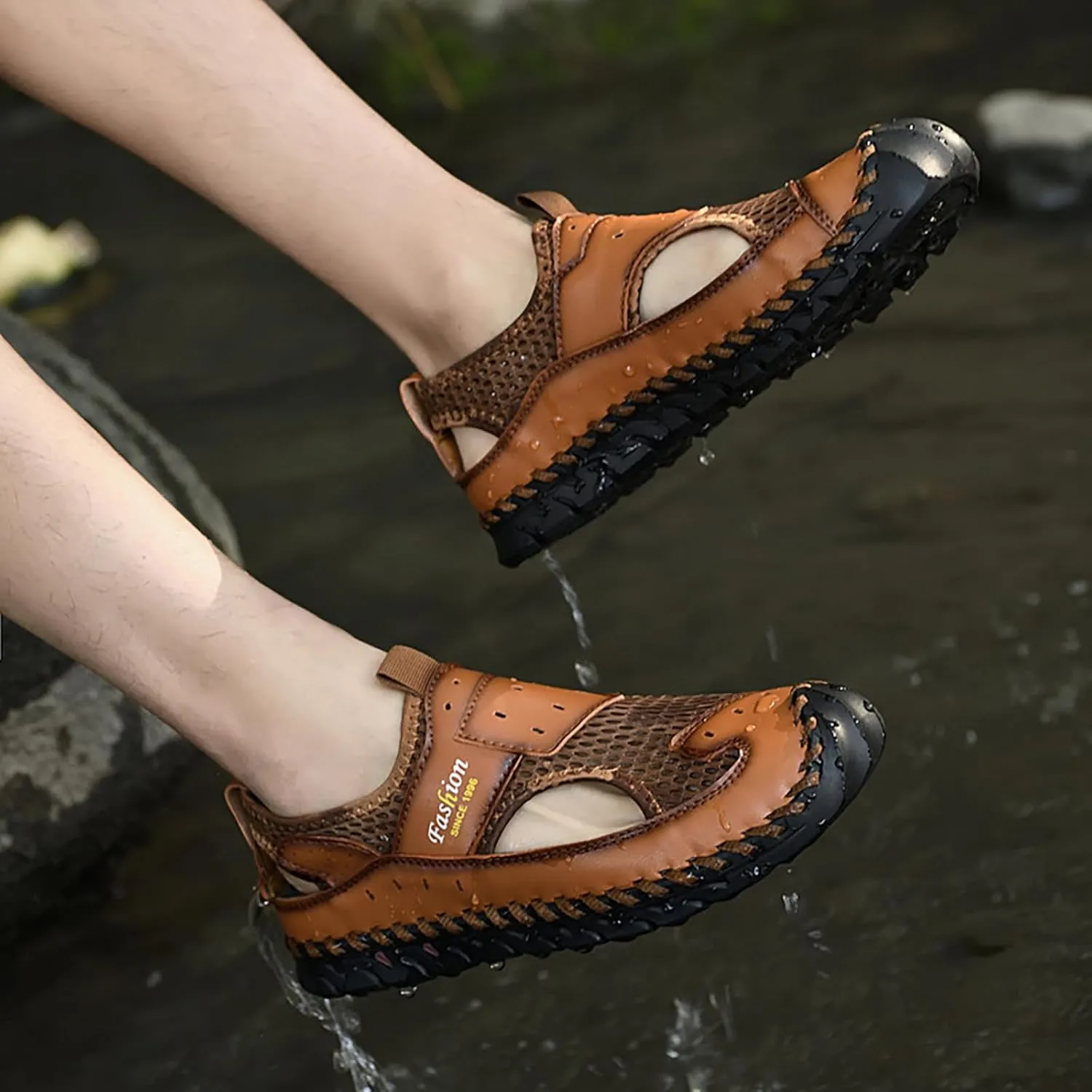 2025 Men's New Versatile Trendy Handmade Large Beach Shoes Hollow Mesh Shoes Leather Slide Sandals