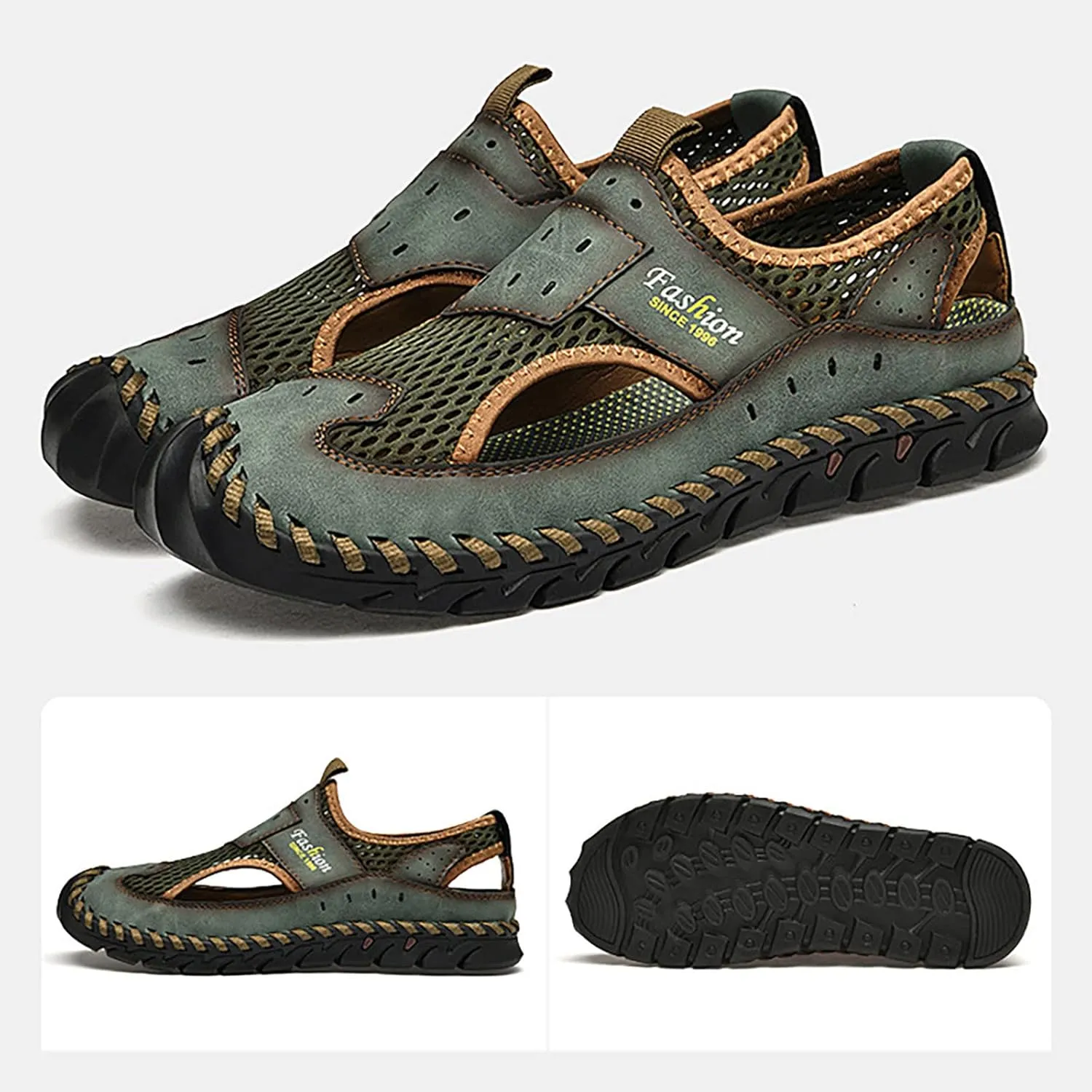 2025 Men's New Versatile Trendy Handmade Large Beach Shoes Hollow Mesh Shoes Leather Slide Sandals