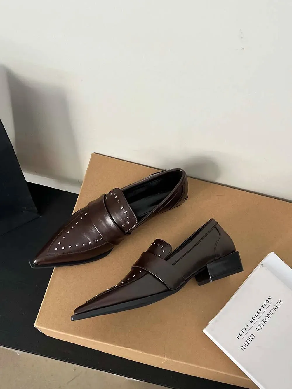 binfenxie  -  Pointed Toe Women Flats Loafers 2023 New Arrivals Black Brown White Casual Mules Low Flat Heeled Rivet Design Fashion Dress Shoe