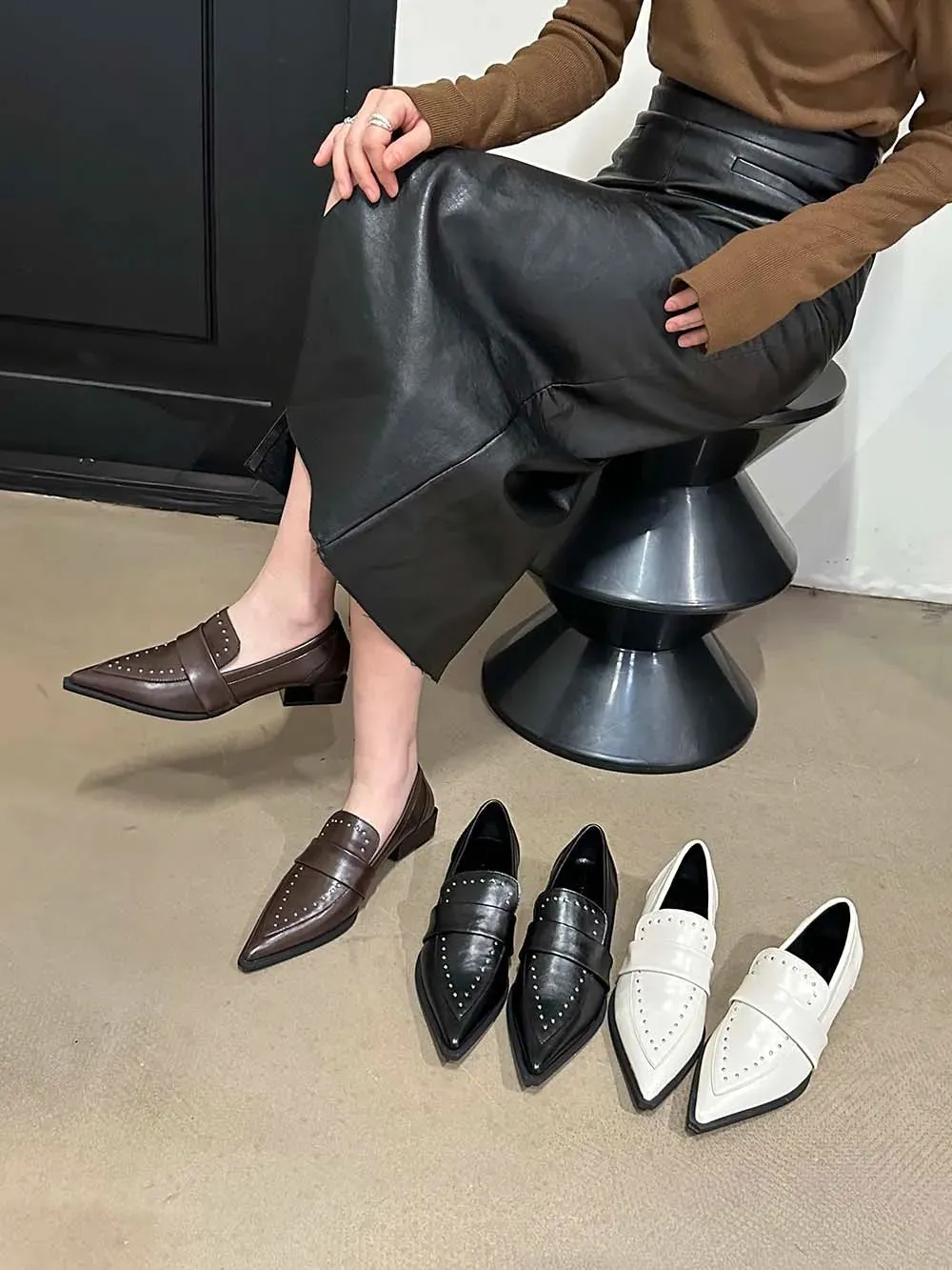 binfenxie  -  Pointed Toe Women Flats Loafers 2023 New Arrivals Black Brown White Casual Mules Low Flat Heeled Rivet Design Fashion Dress Shoe