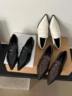 binfenxie  -  Pointed Toe Women Flats Loafers 2023 New Arrivals Black Brown White Casual Mules Low Flat Heeled Rivet Design Fashion Dress Shoe