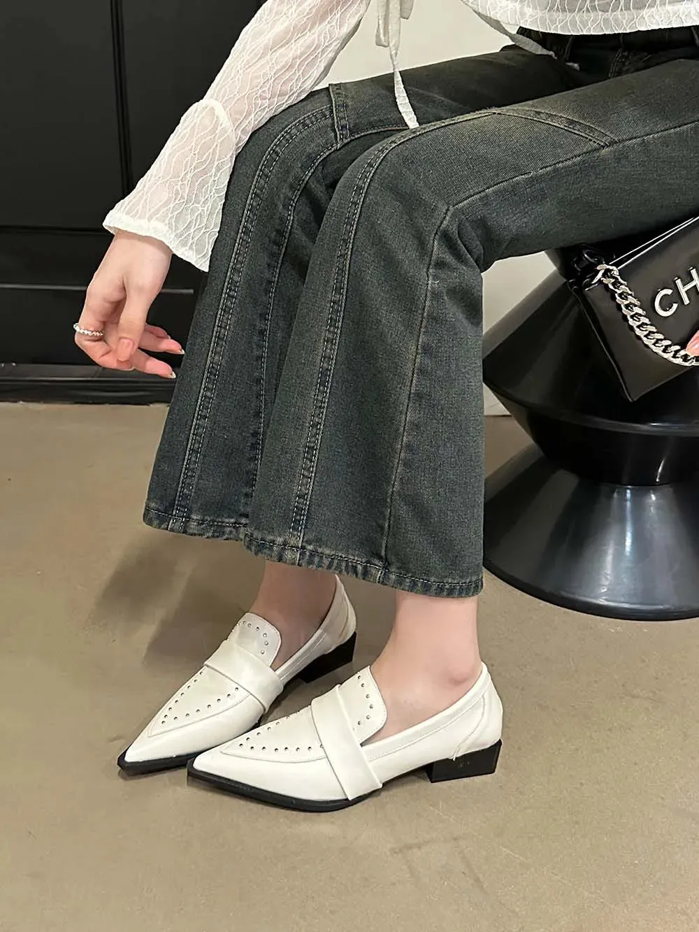 binfenxie  -  Pointed Toe Women Flats Loafers 2023 New Arrivals Black Brown White Casual Mules Low Flat Heeled Rivet Design Fashion Dress Shoe