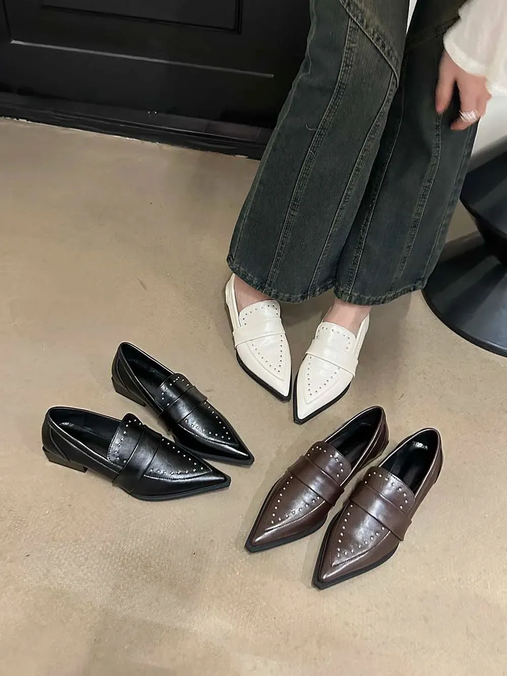 binfenxie  -  Pointed Toe Women Flats Loafers 2023 New Arrivals Black Brown White Casual Mules Low Flat Heeled Rivet Design Fashion Dress Shoe