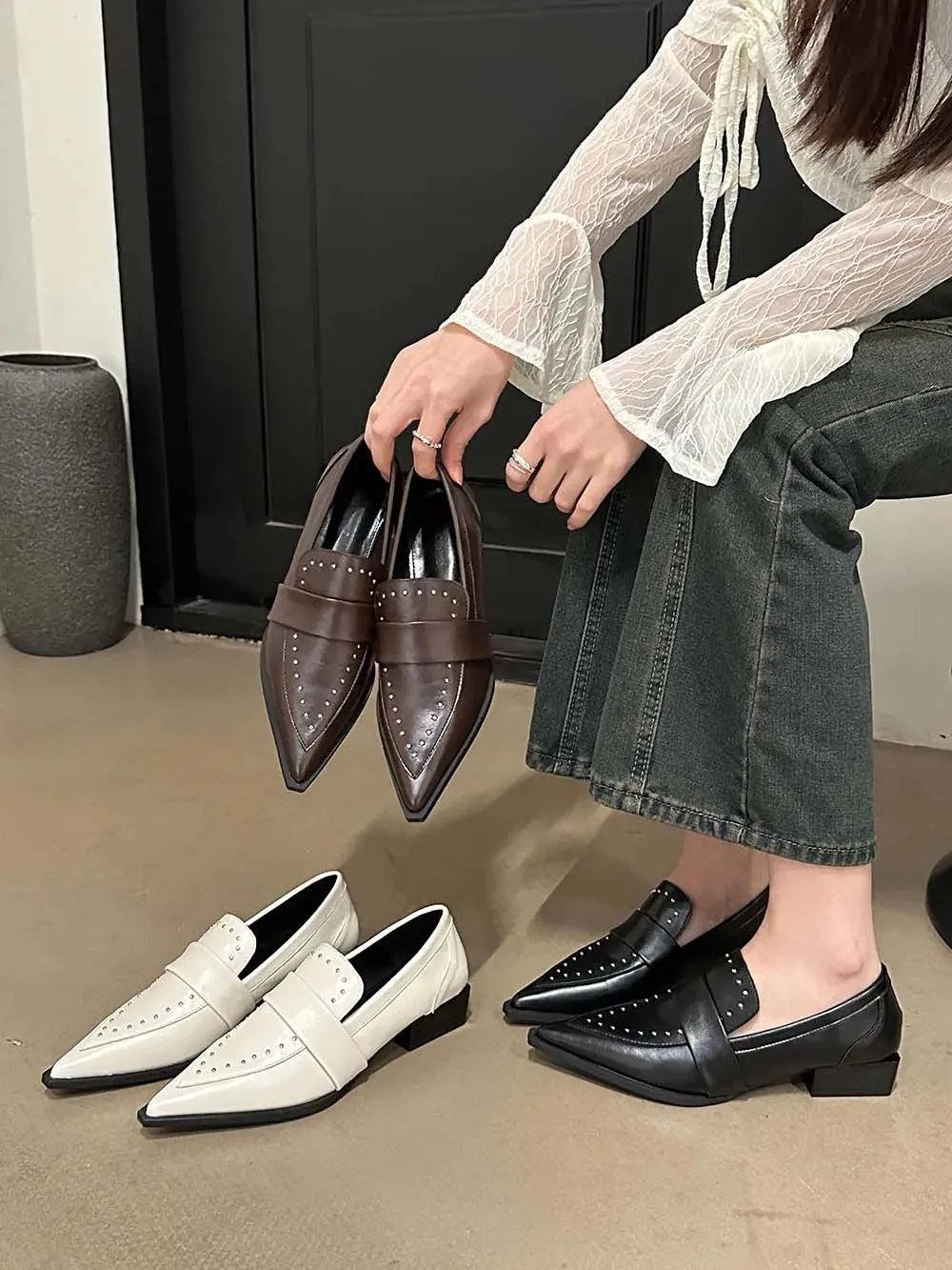 binfenxie  -  Pointed Toe Women Flats Loafers 2023 New Arrivals Black Brown White Casual Mules Low Flat Heeled Rivet Design Fashion Dress Shoe