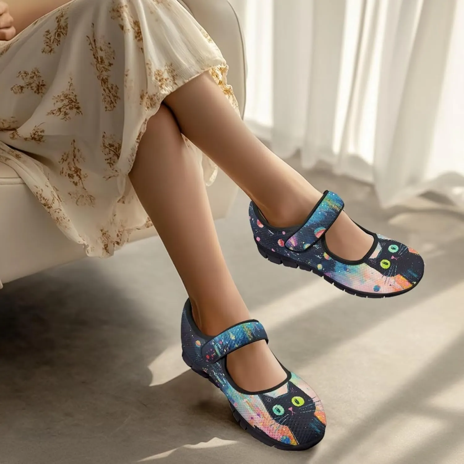Binienty Mary Jane Shoes Women Mesh Knit Round Toe Slip On Walking Flat Shoes Breathable Soft-Soled