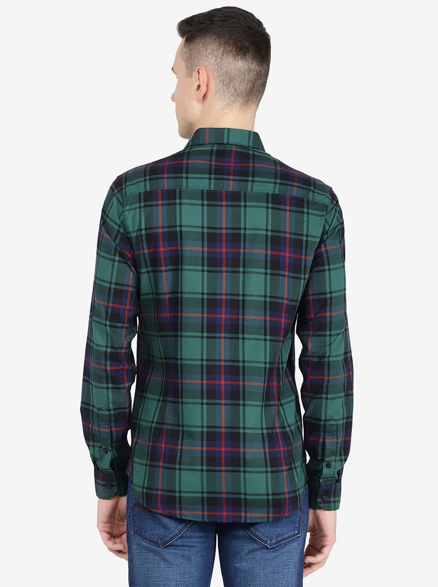 Blue & Green Checked Slim Fit Semi Casual Shirt | Jadeblue
