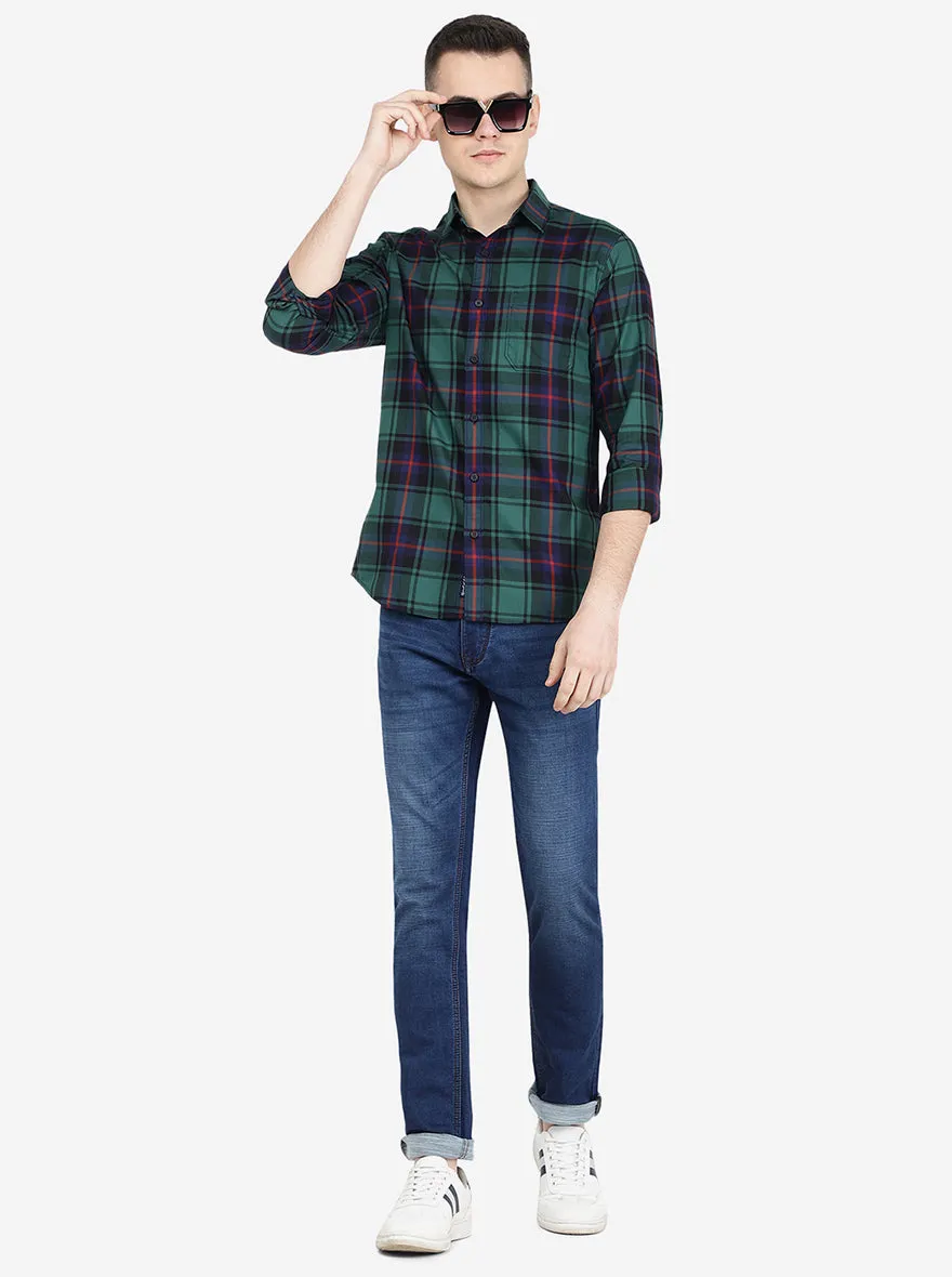 Blue & Green Checked Slim Fit Semi Casual Shirt | Jadeblue