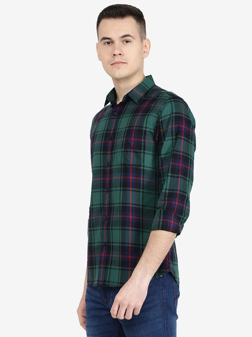Blue & Green Checked Slim Fit Semi Casual Shirt | Jadeblue