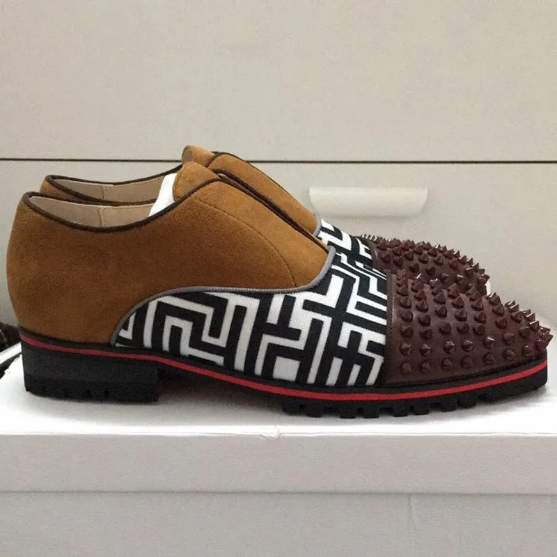 Brown Mixed Patchwork Rivet Loafers