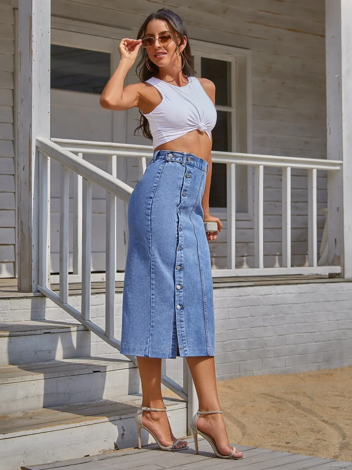 Button Side Split High Waisted Denim Skirt