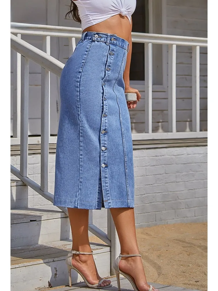Button Side Split High Waisted Denim Skirt