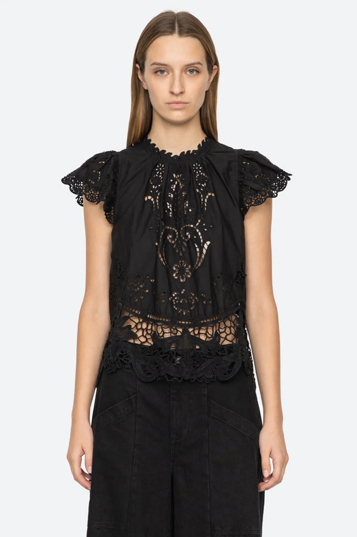 Gianna Lace Flutter Slv Top Black