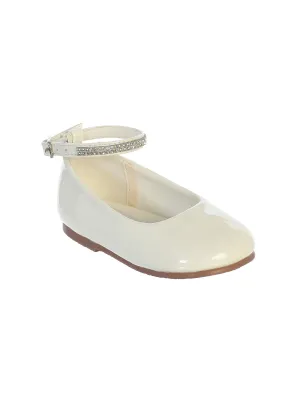 Girls Ivory Patent Rhinestone Encrusted Ankle Strap Flats 11 Kids
