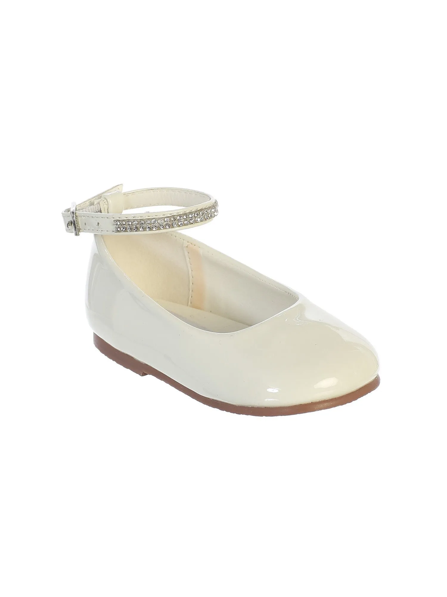 Girls Ivory Patent Rhinestone Encrusted Ankle Strap Flats 11 Kids