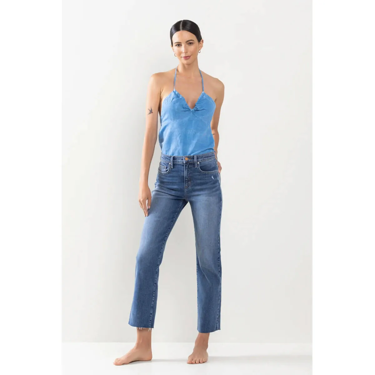 High Rise Raw Hem Straight Leg Jeans