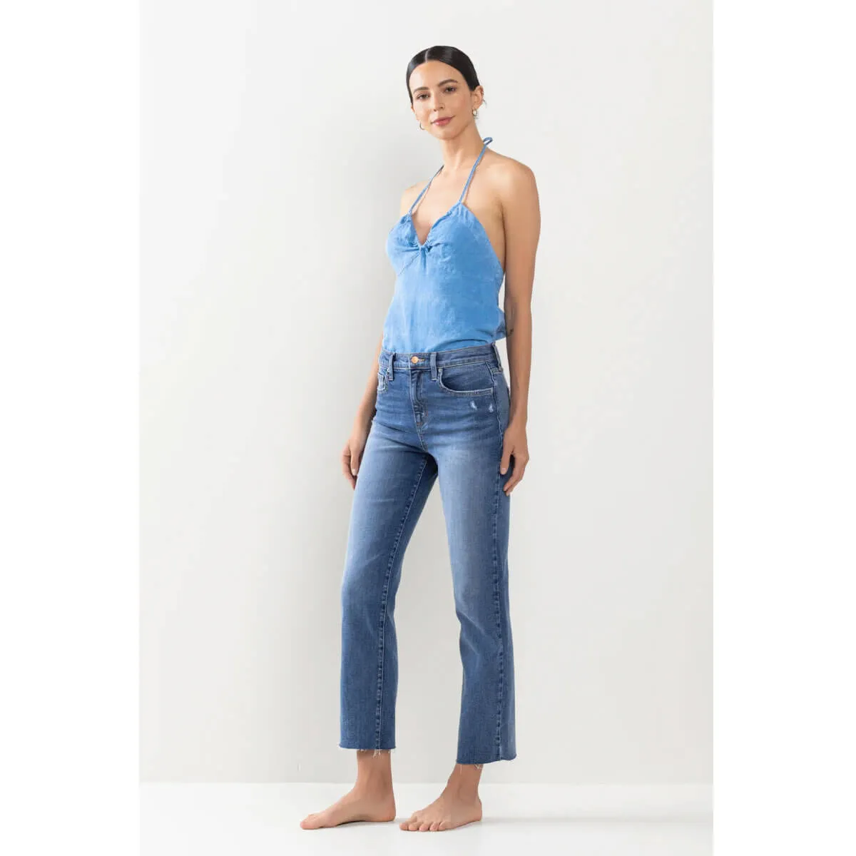 High Rise Raw Hem Straight Leg Jeans