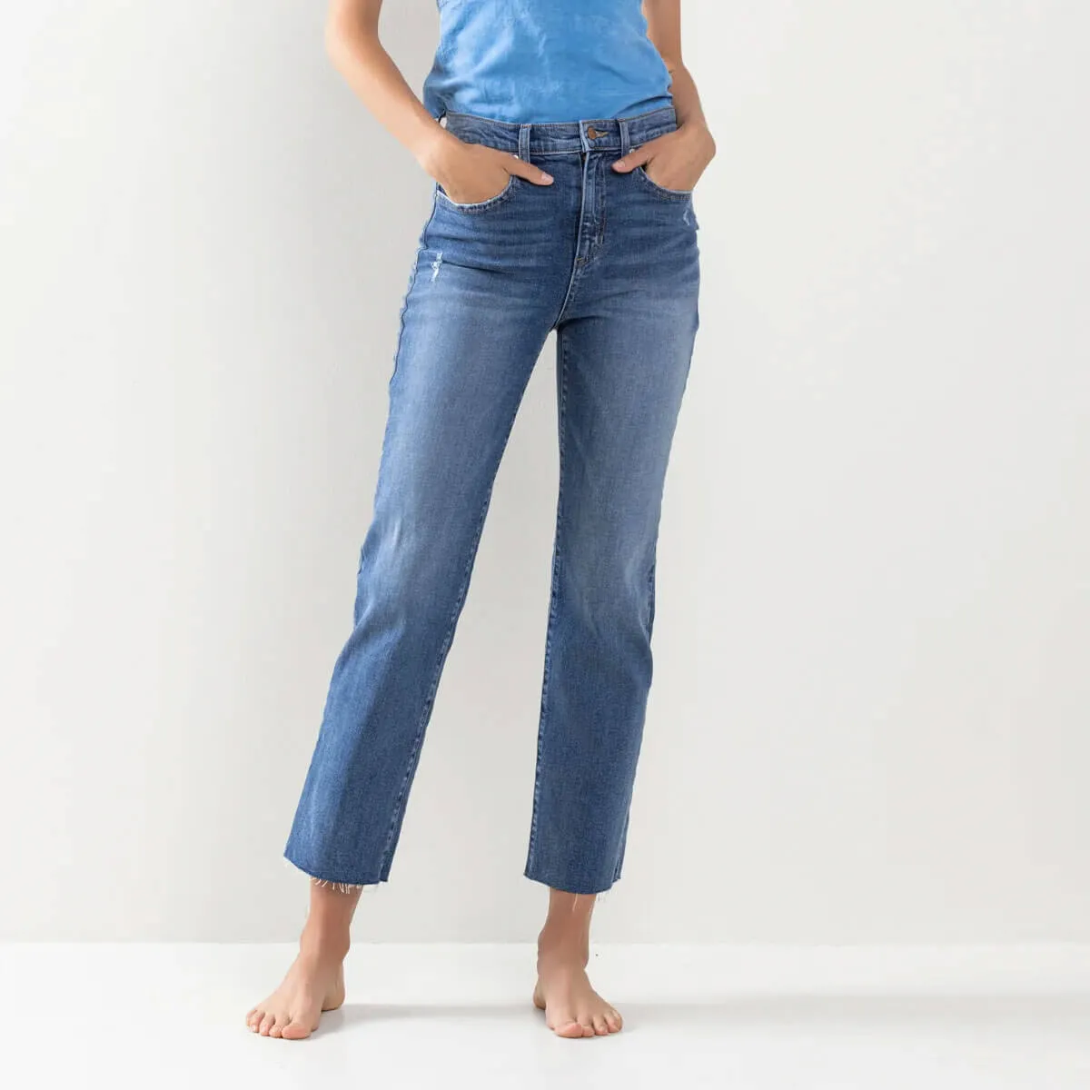 High Rise Raw Hem Straight Leg Jeans
