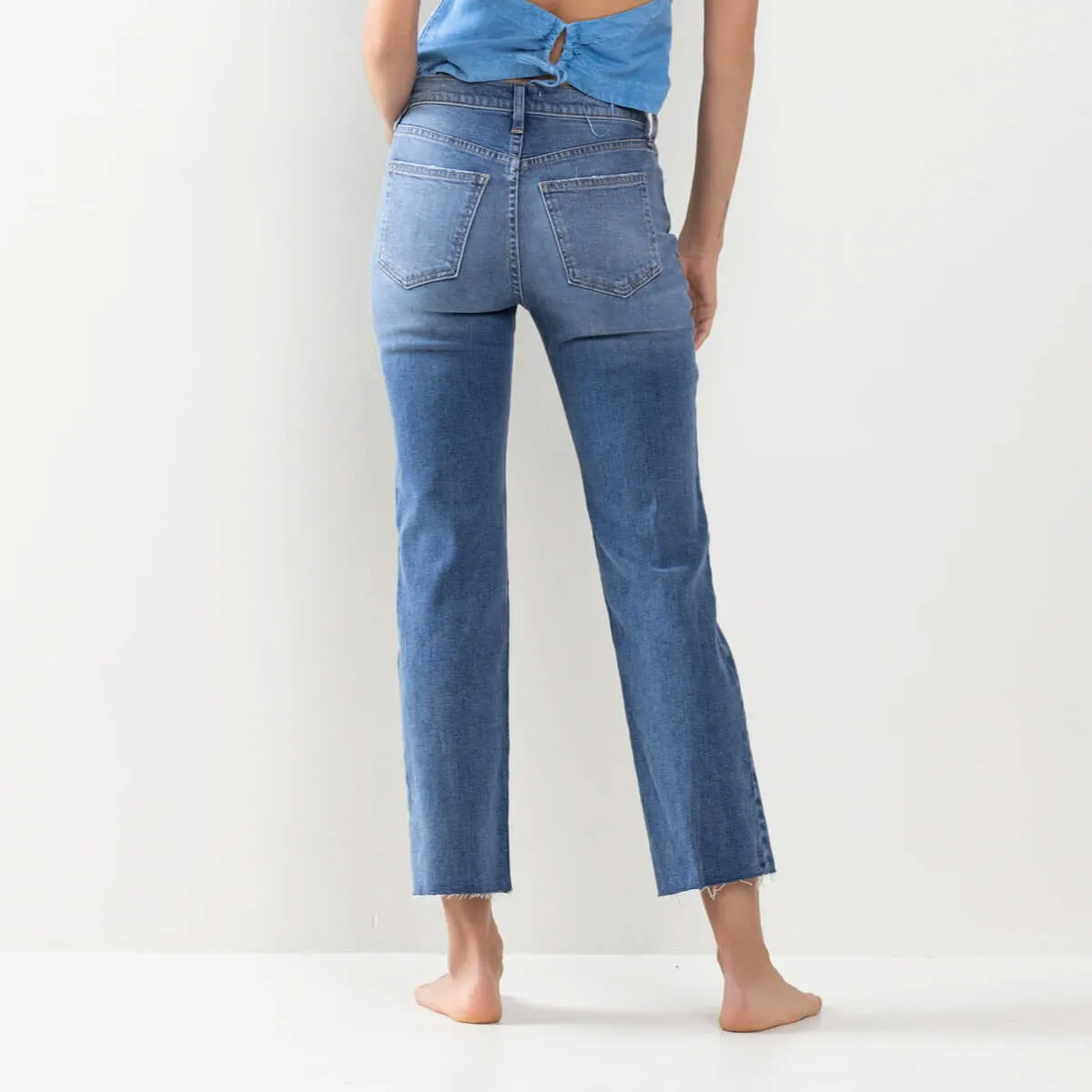 High Rise Raw Hem Straight Leg Jeans