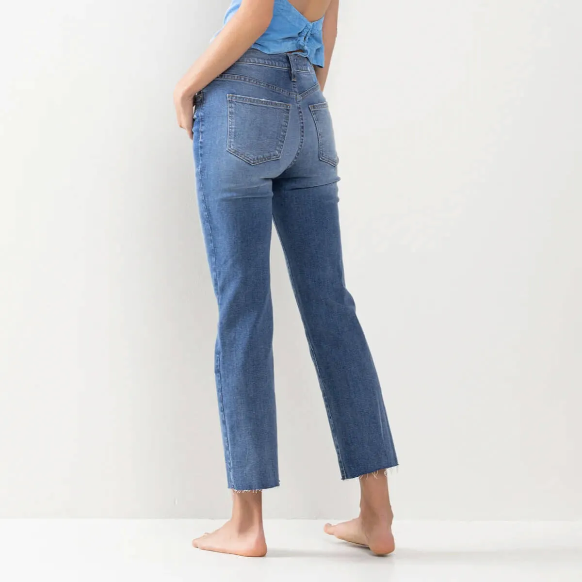 High Rise Raw Hem Straight Leg Jeans