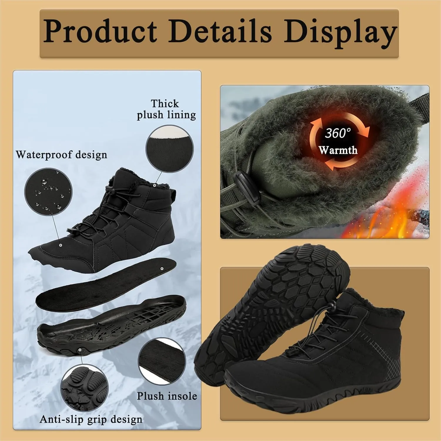 Hike Winter Footwear Barefoot Shoes Women Men, Autumn Winter Waterproof Wide Toe Box Barefoot Shoes Walking Boots