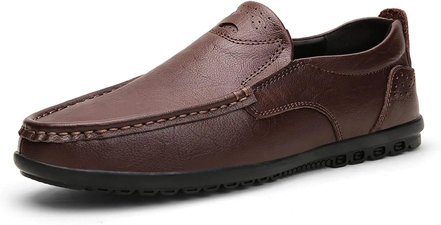 HOOENG Shoes Smoking Loafer for Men Genuine Leather Stitching Details Round Toe Flat Heel Lightweight Resistant Driving Slip On (Color : Brown, Size : 9)