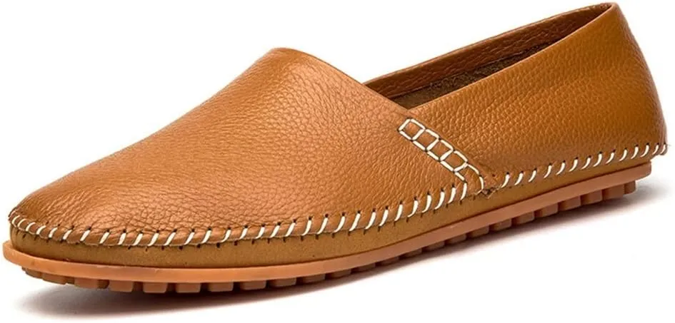 HOOENG Smoking Loafer for Men Genuine Leather Round Toe Stitching Details Resistant Flat Heel Lightweight Flexible Walking Slip on (Color : Brown, Size : 13)