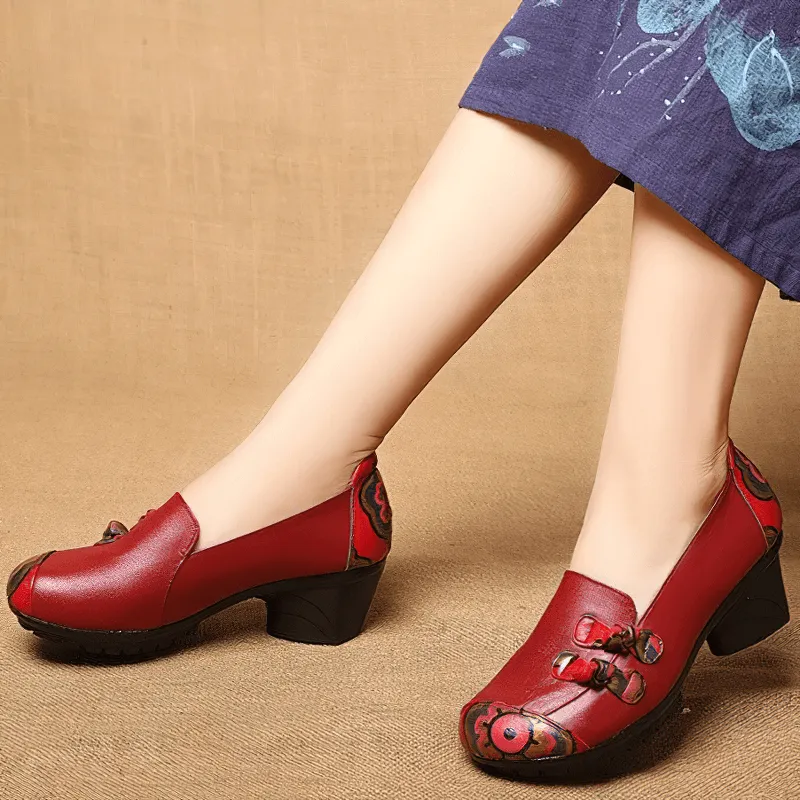 Ladies Genuine Leather Mid Heel Shoes / Stylish Round Toe Loafers with Bow-knot
