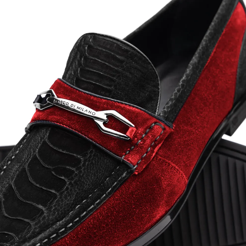 Marco Di Milano Hugo Men's Shoes Black & Red Suede / Ostrich Leg Horsebit Loafers (MDM1065)
