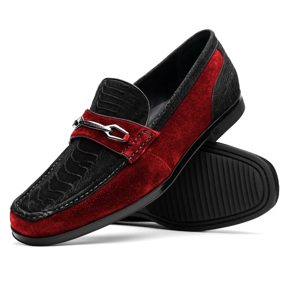 Marco Di Milano Hugo Men's Shoes Black & Red Suede / Ostrich Leg Horsebit Loafers (MDM1065)