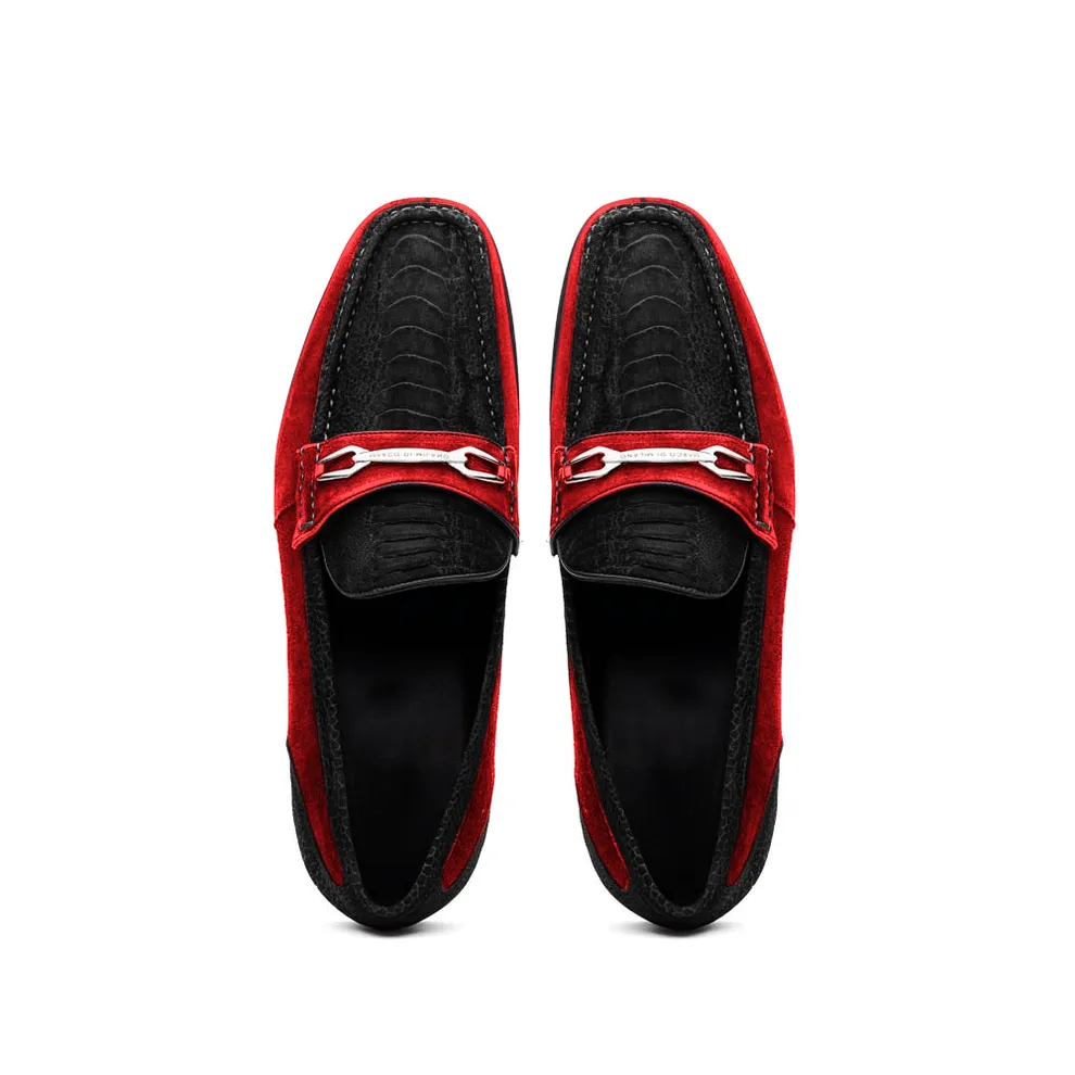 Marco Di Milano Hugo Men's Shoes Black & Red Suede / Ostrich Leg Horsebit Loafers (MDM1065)