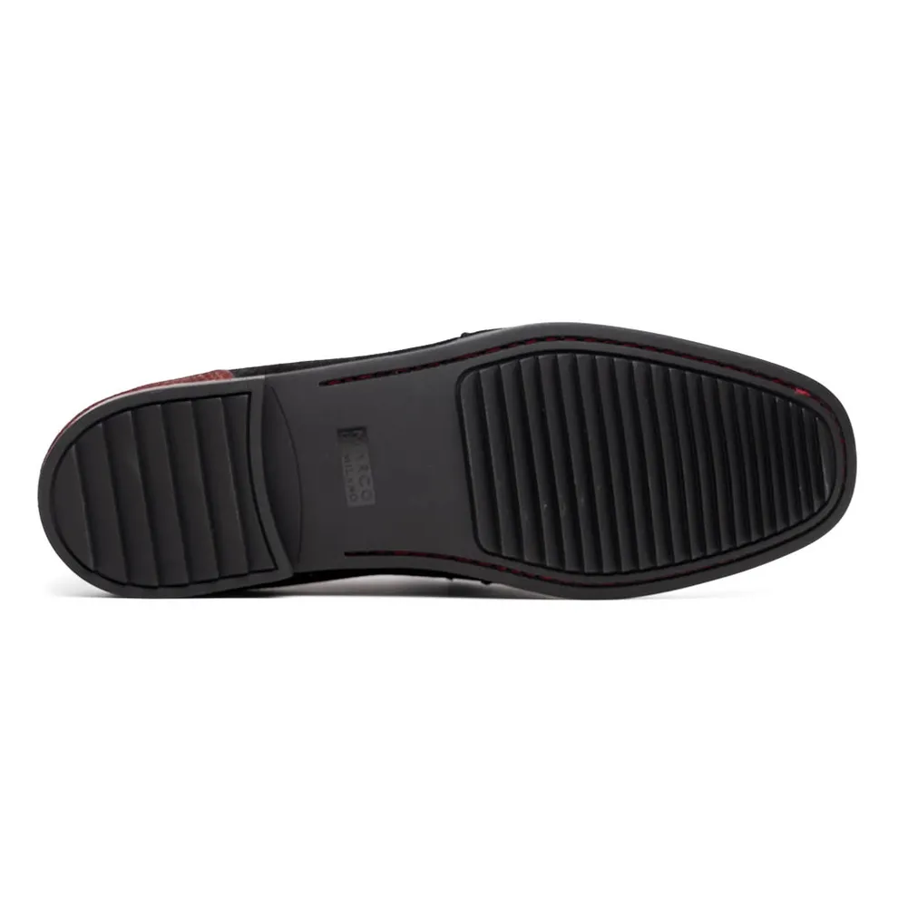 Marco Di Milano Hugo Men's Shoes Black & Red Suede / Ostrich Leg Horsebit Loafers (MDM1065)