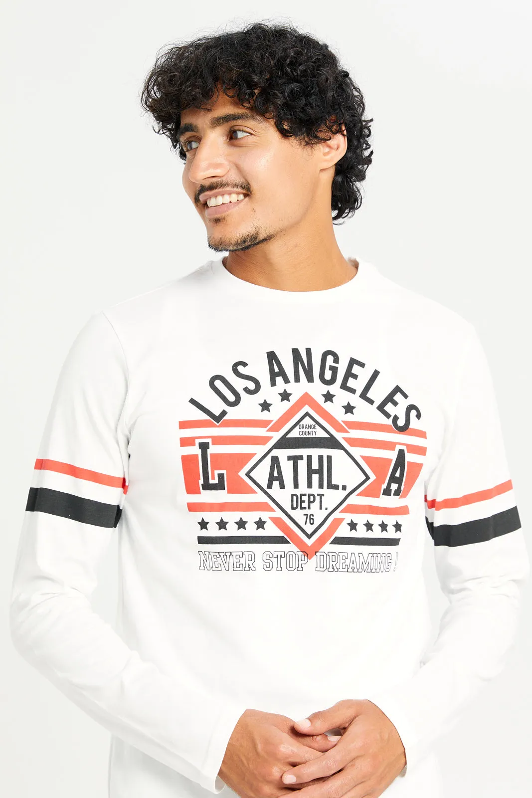 Men White Printed Long Sleeve T-shirt