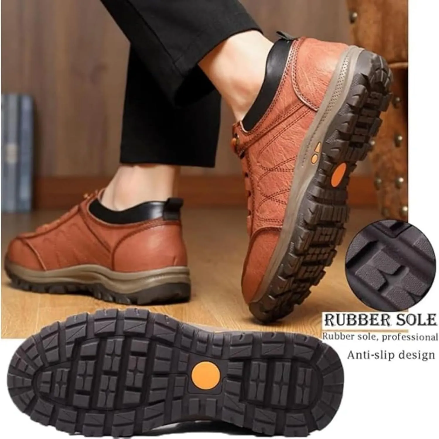 Men's Casual Leather Handmade Non-Slip Arch Support Loafers, Hillde Mens Shoes Comfortable Work Hiking Shoe, Mens Slip on Shoes Sneakers