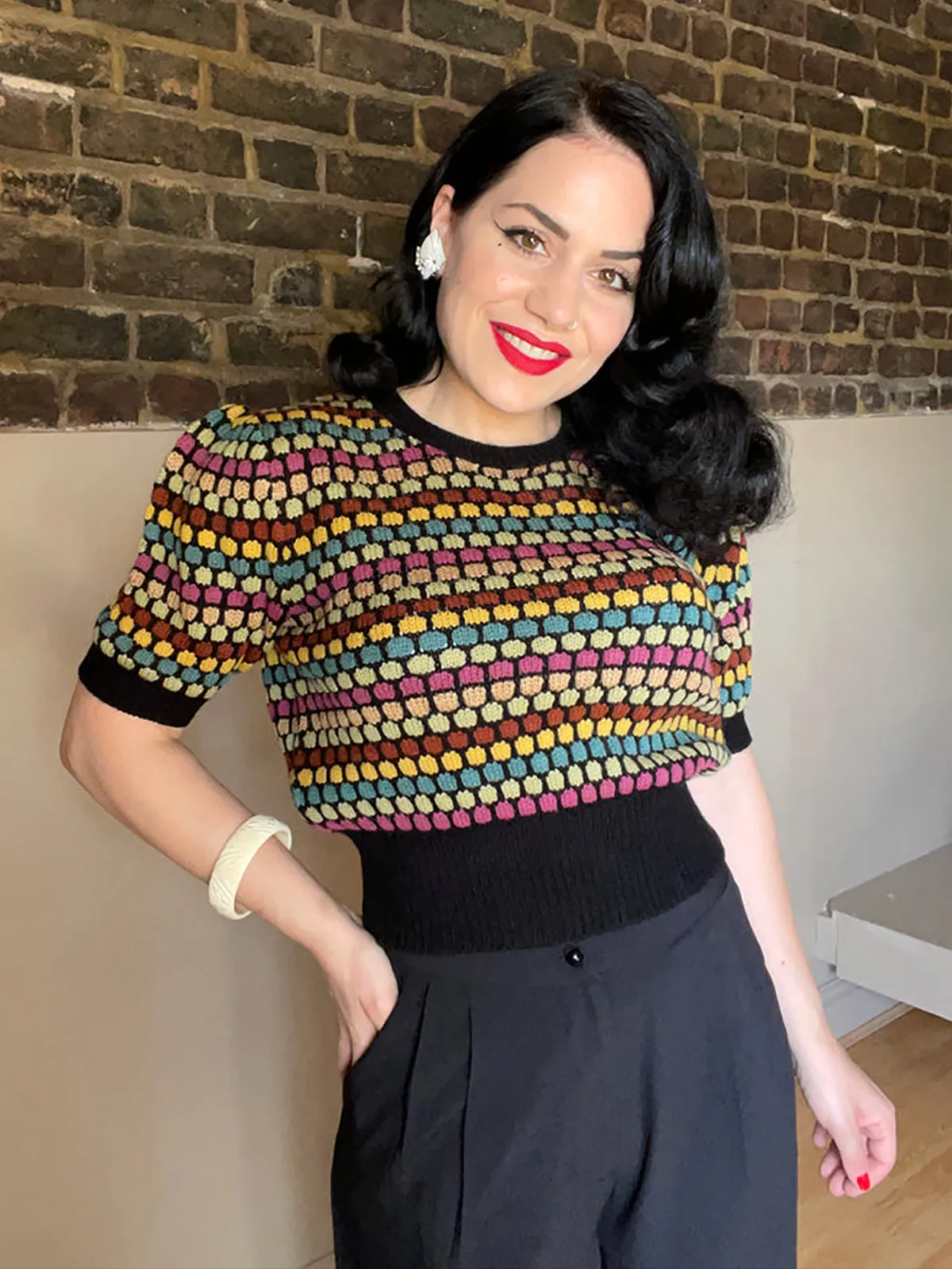 Multicoloured Vintage Style Cropped Knit Top