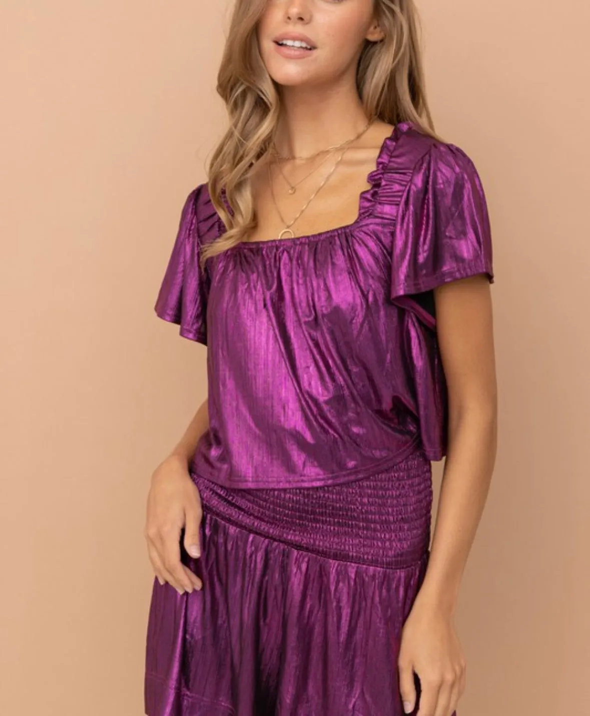 Purple Metallic Ruffle Top Short Set