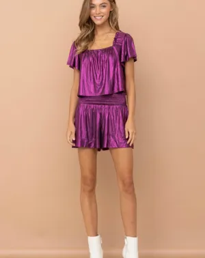 Purple Metallic Ruffle Top Short Set
