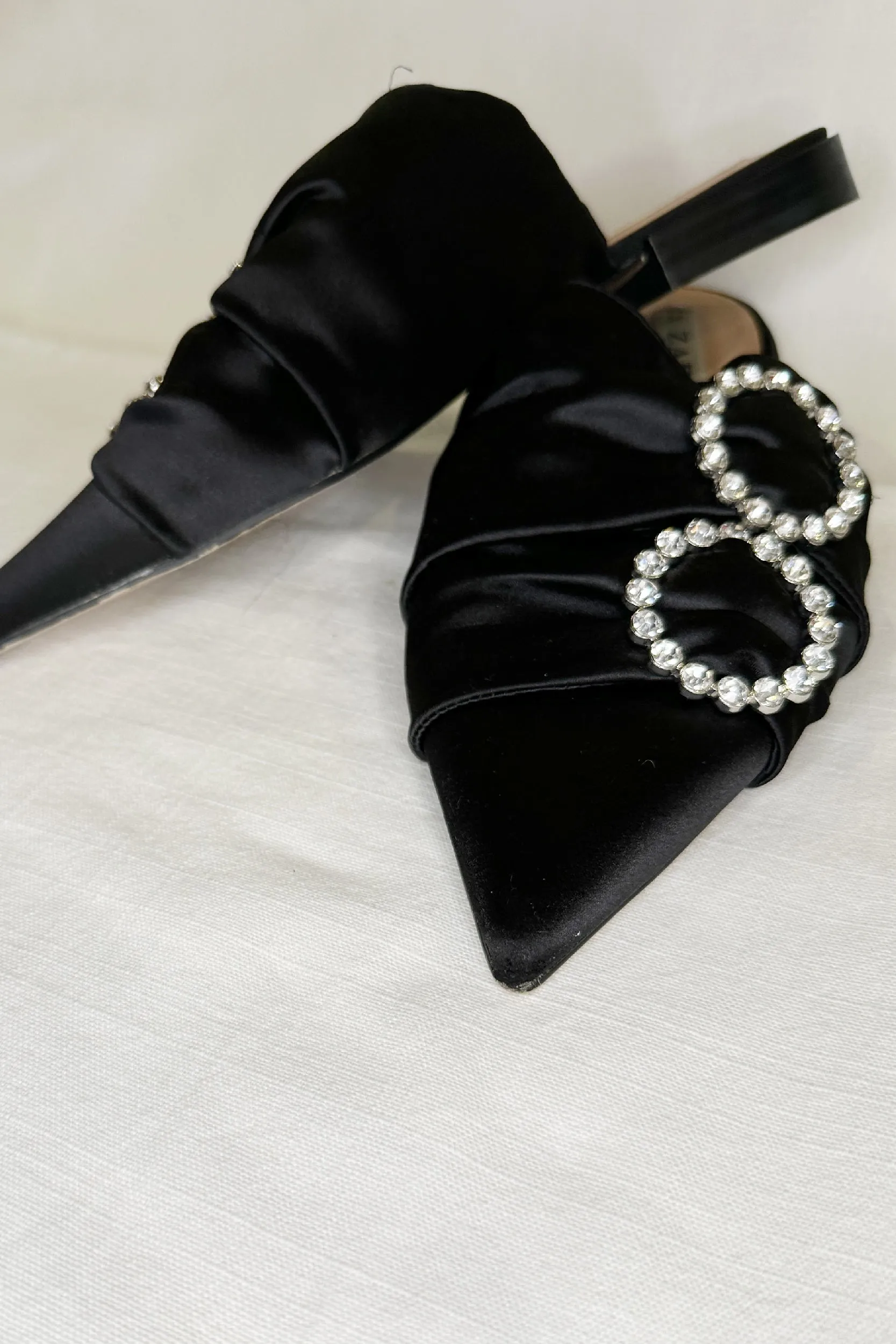 SATIN CRYSTAL BUCKLE MULES