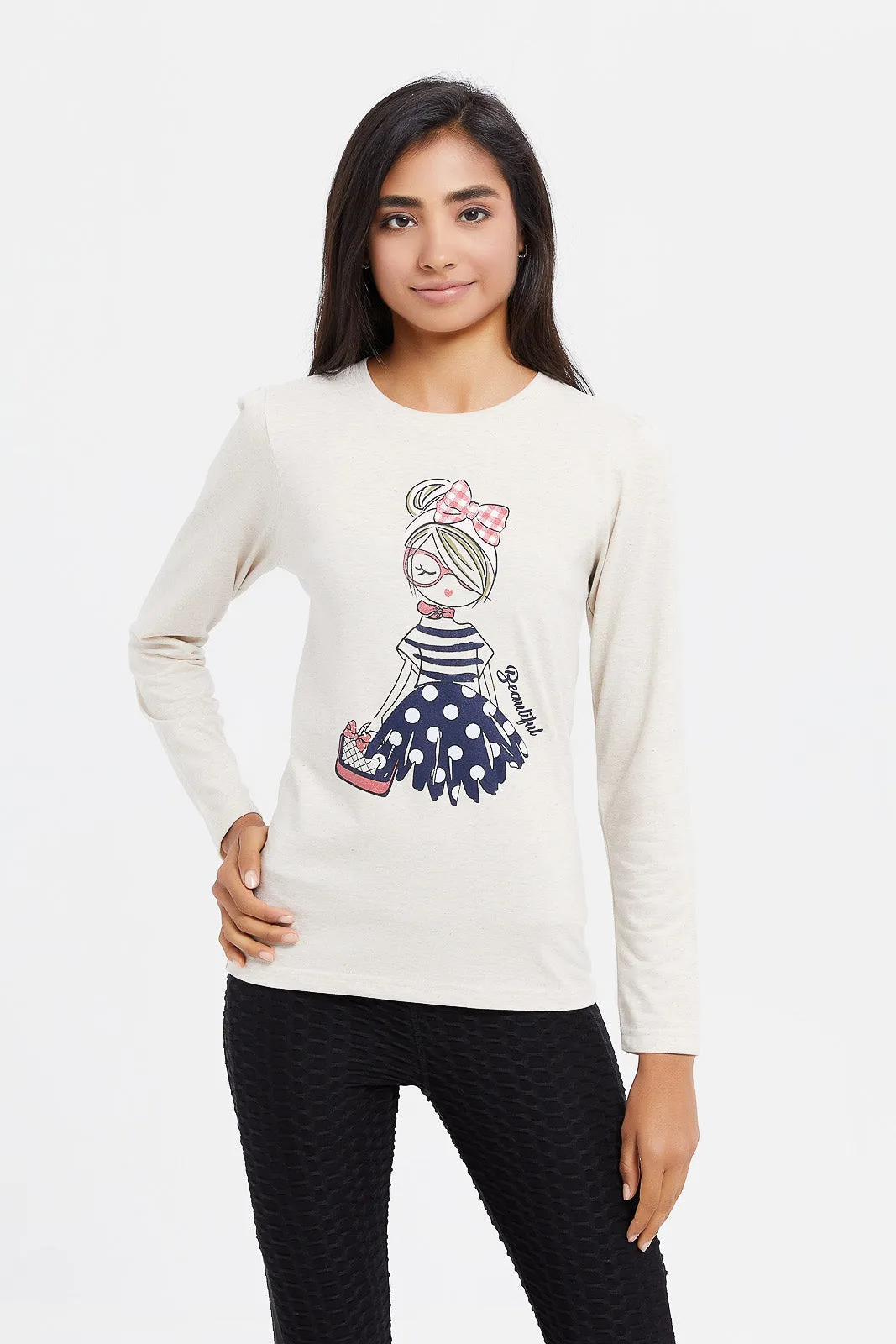 Senior Girls Beige Mélange T-Shirt