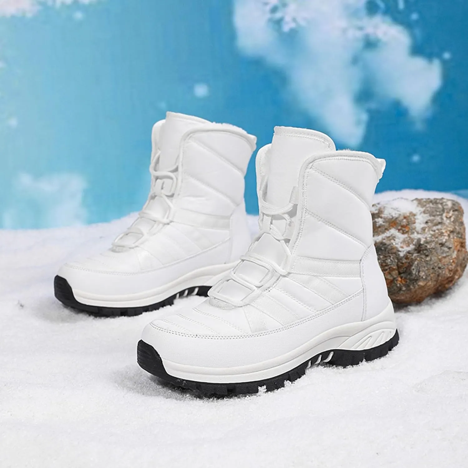 Snow Boots for Women Winter Shoes Water-proof Warm Fleece Lined Ankle Booties Comfortable Shoes for Women Slip On Mid Calf Boots Hiking Tennis Booties Lace-up Platform Boots Lightweight