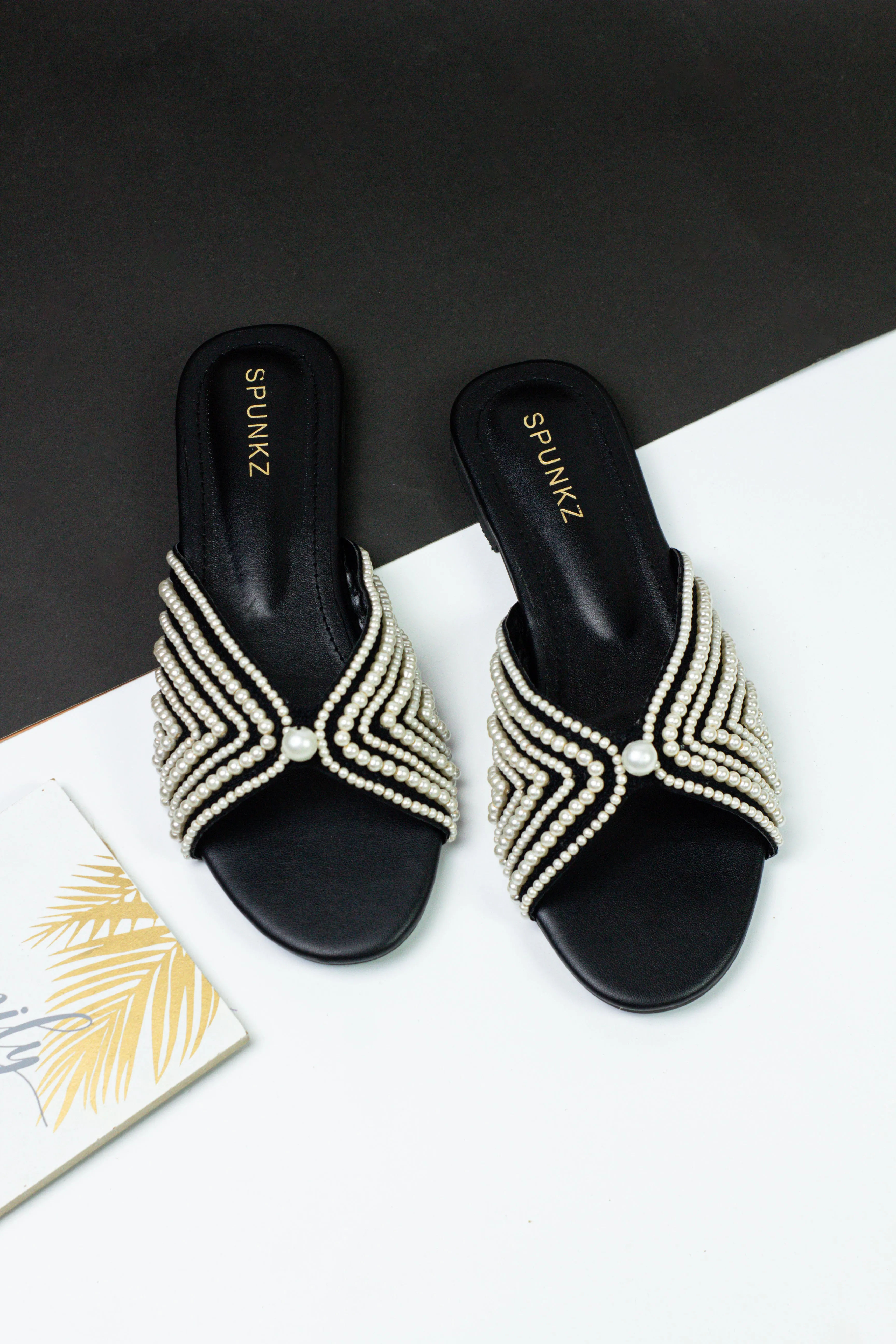 Spunkz Black Fairy Pearls Embroidery Decor Open Toe Flat Sandals 0008-Blk