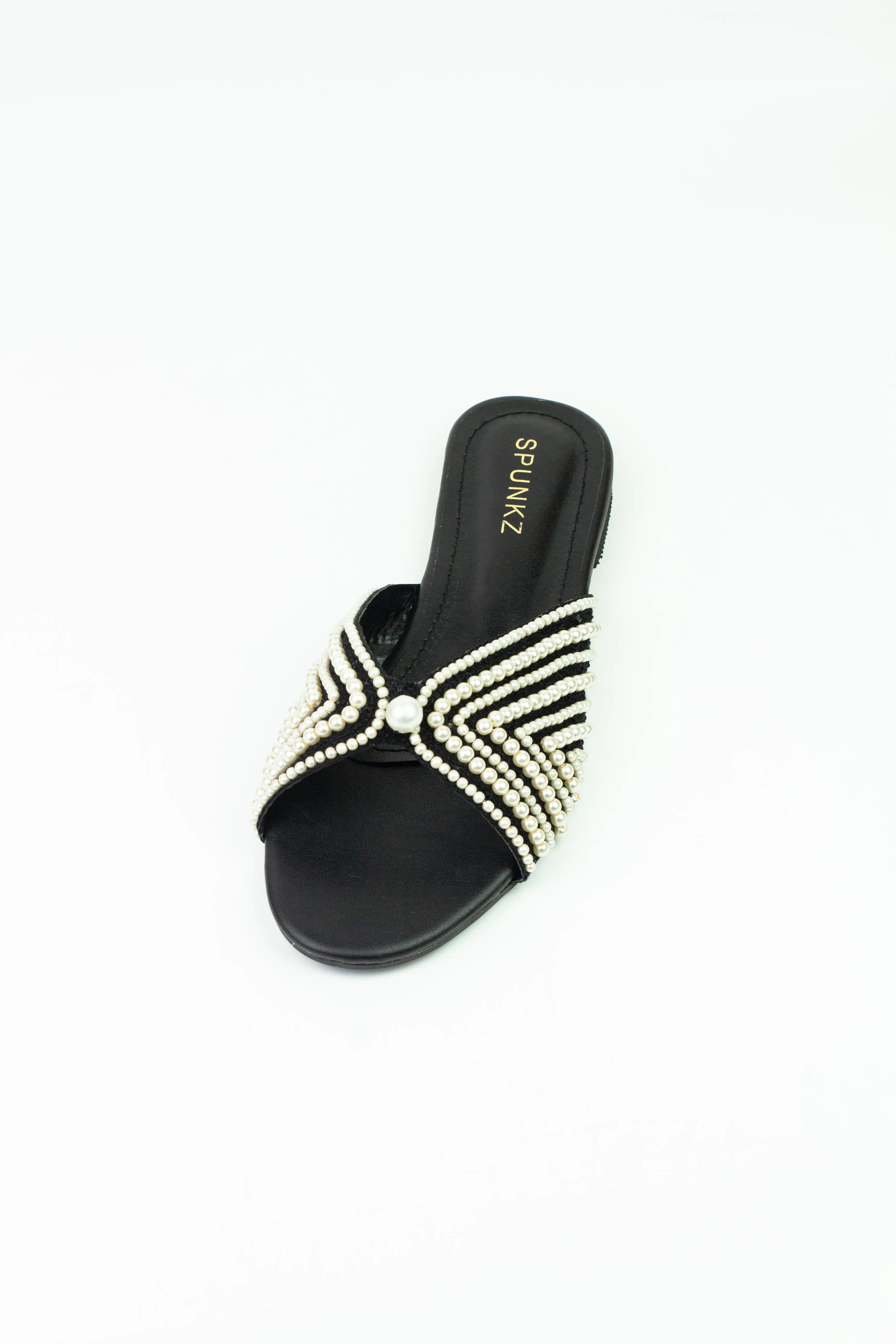 Spunkz Black Fairy Pearls Embroidery Decor Open Toe Flat Sandals 0008-Blk