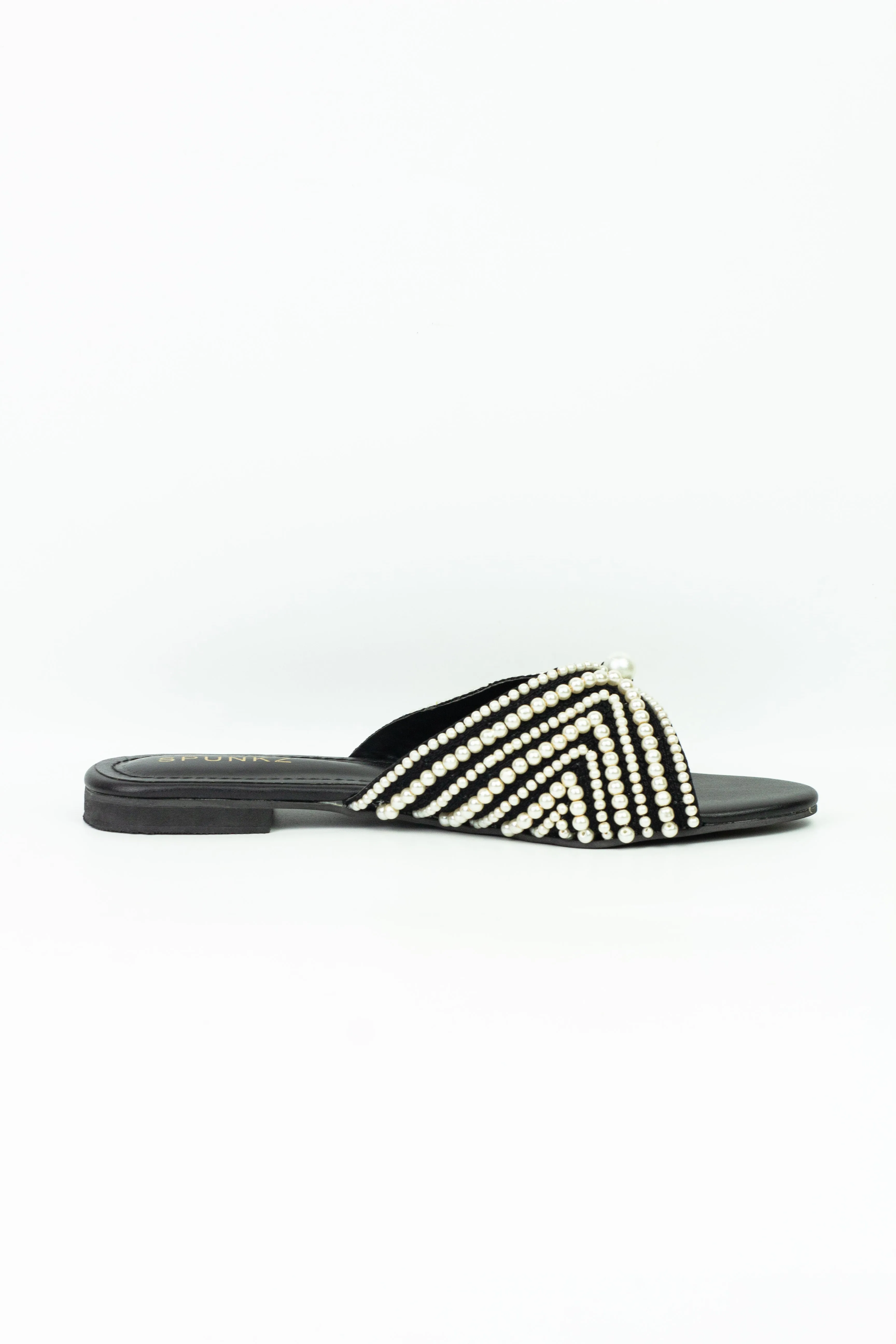 Spunkz Black Fairy Pearls Embroidery Decor Open Toe Flat Sandals 0008-Blk