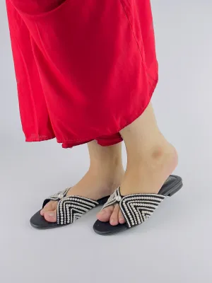 Spunkz Black Fairy Pearls Embroidery Decor Open Toe Flat Sandals 0008-Blk