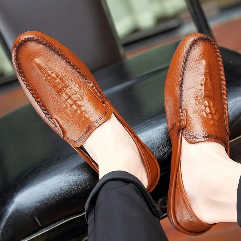 TAYGUM Mens Loafers Shoe Round Toe Solid Color Crocodile Print Leather Loafer Shoes Flat Heel Slip Resistant Comfortable Casual Fashion Slip-ons
