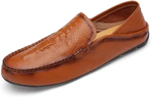 TAYGUM Mens Loafers Shoe Round Toe Solid Color Crocodile Print Leather Loafer Shoes Flat Heel Slip Resistant Comfortable Casual Fashion Slip-ons