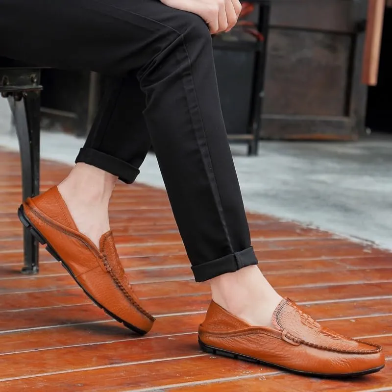 TAYGUM Mens Loafers Shoe Round Toe Solid Color Crocodile Print Leather Loafer Shoes Flat Heel Slip Resistant Comfortable Casual Fashion Slip-ons