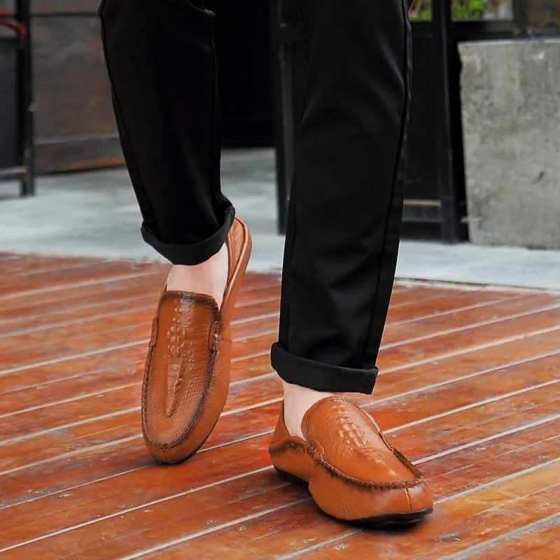 TAYGUM Mens Loafers Shoe Round Toe Solid Color Crocodile Print Leather Loafer Shoes Flat Heel Slip Resistant Comfortable Casual Fashion Slip-ons